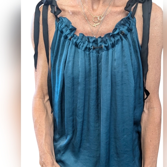 Lanvin Paris Teal Halter Top Ribbon Tie Straps Draped Open Back Size 40 - Picture 3 of 10